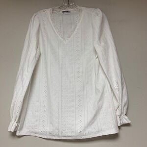 Kikula Blouse Womens Medium White Excellent Eyelet Lace V-Neck Ruffle Cuff 12639